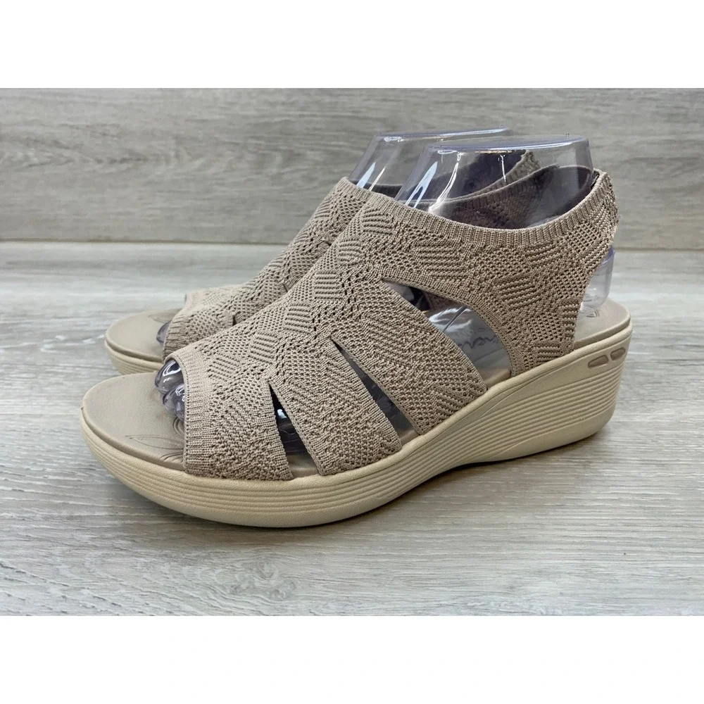 Skechers Rumble On City Fever Taupe Knit Wedge Sandals Women's 8 Comfort Shoes